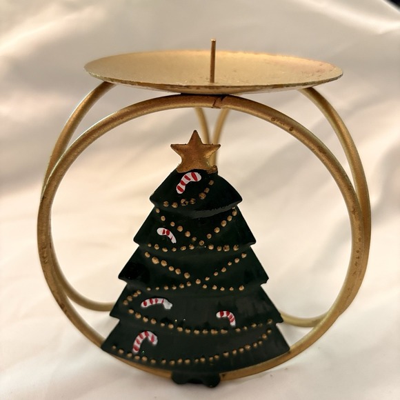Vintage Y2K Christmas Tree Metal Candle Holder 4.5" Gold Green Holiday Decor 90s - Picture 1 of 12